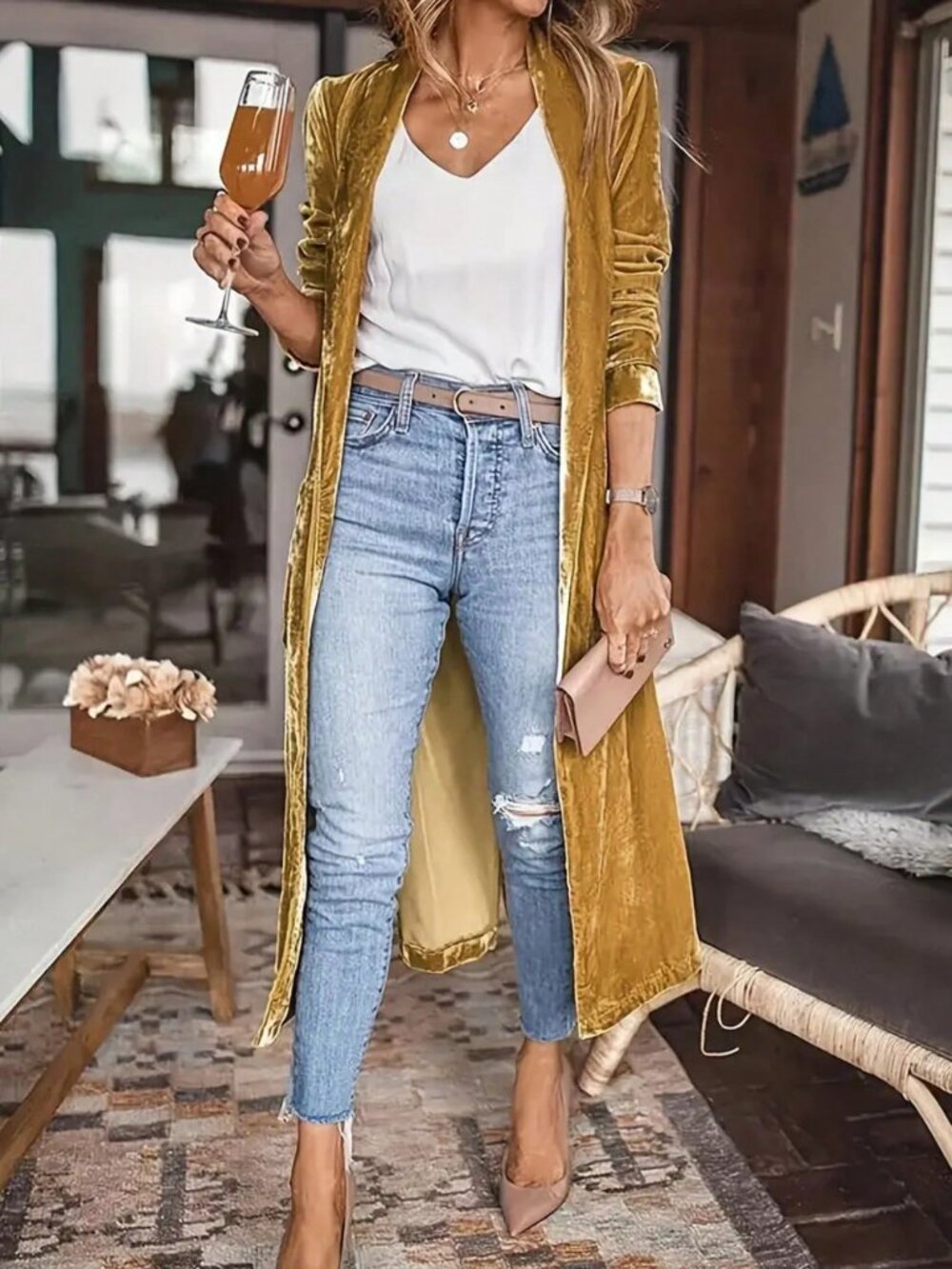 Gold Casual Women's Plush Mid-Length Coat